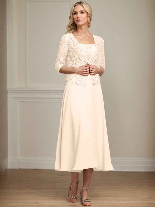 Robe de mère de la mariée en mousseline et dentelle ligne A longueur thé avec perles et sequins