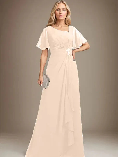 A-Linien asymmetrisches bodenlanges Chiffon Mutter-der-Braut-Kleid mit plissierten Perlen und Pailletten