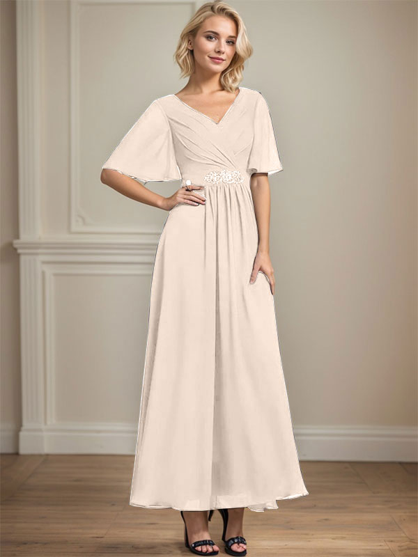 A-Linien V-Ausschnitt Knöchellanges Chiffon Kleid für die Brautmutter mit plissierten Perlen und Pailletten