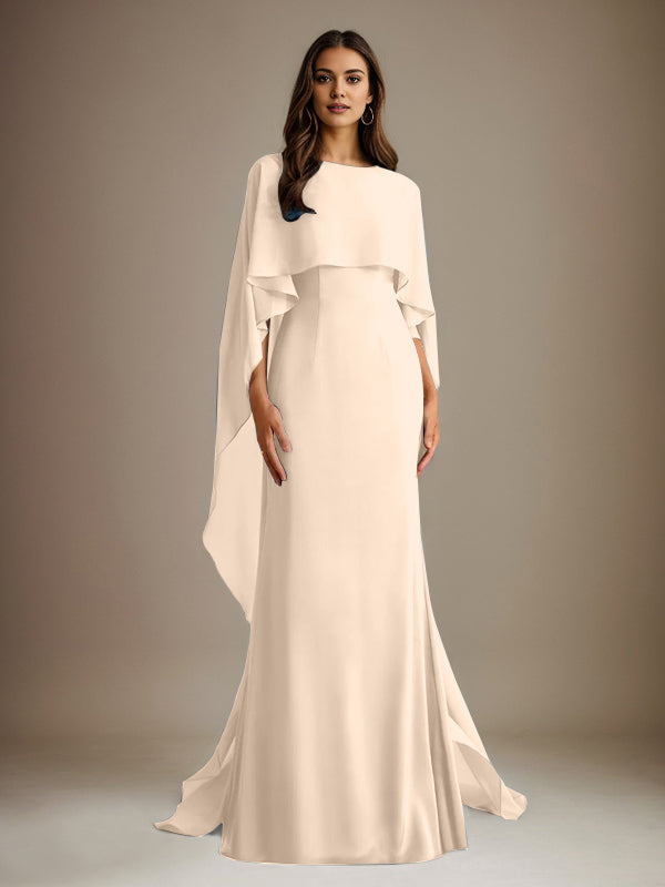 Etuikleid/Säulenkleid Bootsausschnitt bodenlanges Chiffon Mutter-des-Braut-Kleid mit kaskadierenden Rüschen