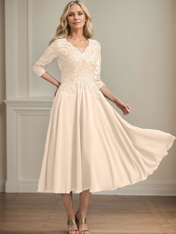 Robe de mère de la mariée en mousseline longueur thé, ligne A, col en V, en dentelle avec perles et sequins