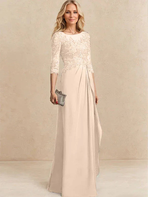 Vestido para la madre de la novia línea A con escote redondo ilusión, largo hasta el suelo, de gasa y encaje con cuentas, lentejuelas y volantes en cascada