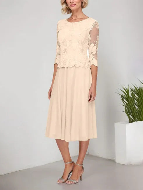 A-Linie Rundhals Tee-Länge Spitze Chiffon Mutter-der-Braut-Kleid mit Stickerei