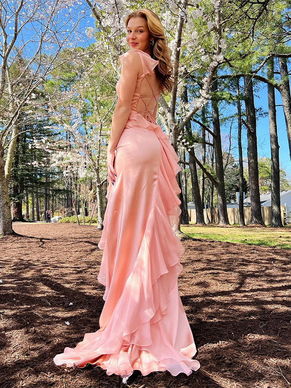 Rosa Meerjungfrau-Abendkleid mit Spaghettiträgern aus Chiffon, lang, mit Rüschen