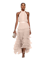 A Line Pink Chiffon Halter Neck Sleeveless Ankle Length Dress With Cascading Ruffles