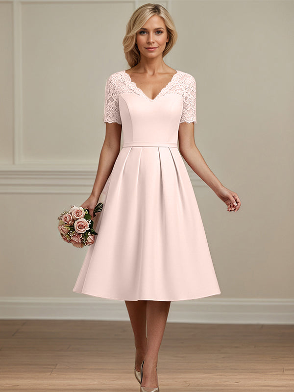 Vestido de madre de la novia rosa sonrojado línea A con escote en V y largo hasta el té de encaje y gasa