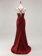 Pink Mermaid Cut-Out Satin Long Prom Dress with Slit