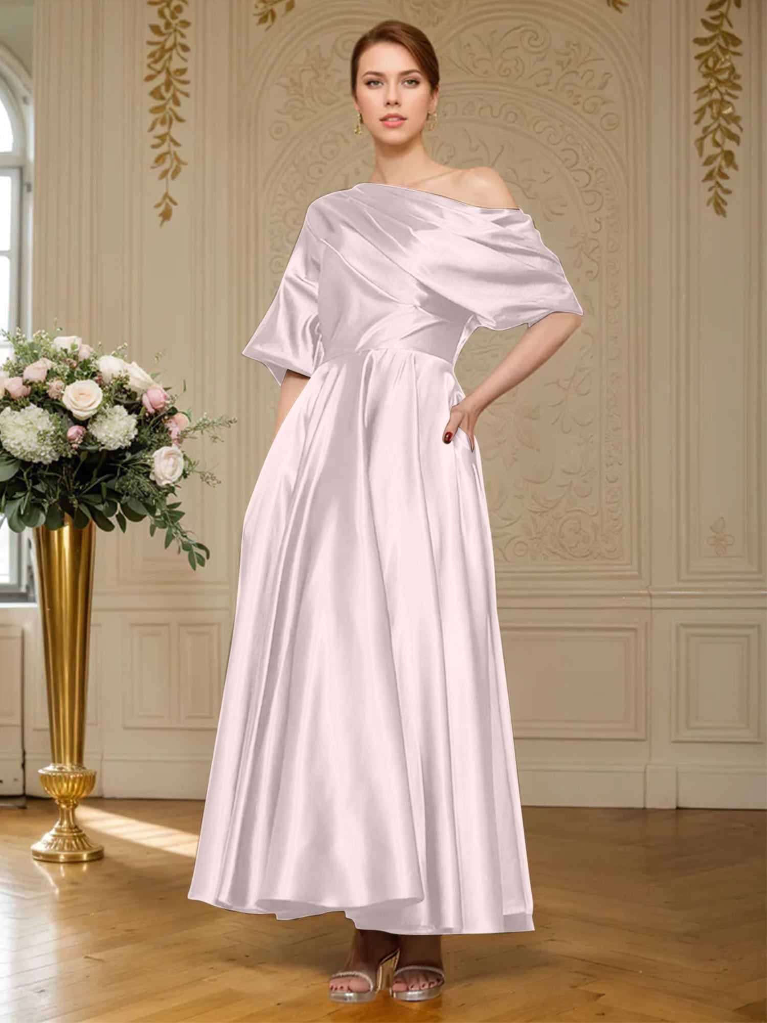 A-Linien Kurzarm plissiertes knöchellanges seidenähnliches Satin Kleid für die Brautmutter