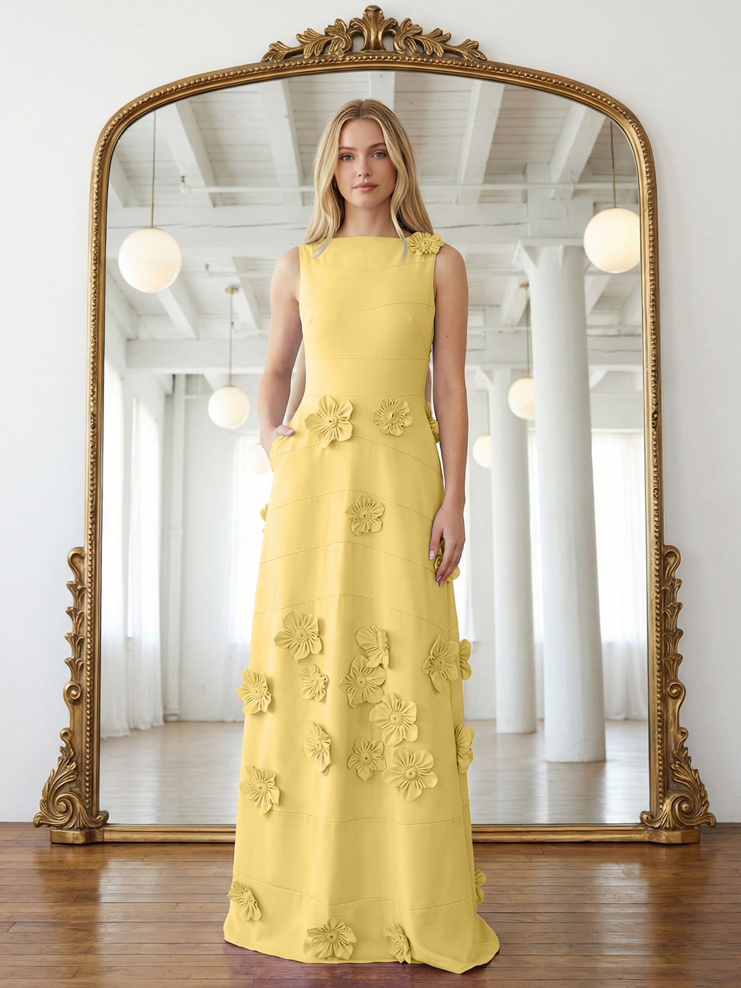Lavendelfarbenes formelles Kleid mit U-Boot-Ausschnitt und herabfließenden 3D-Blumen