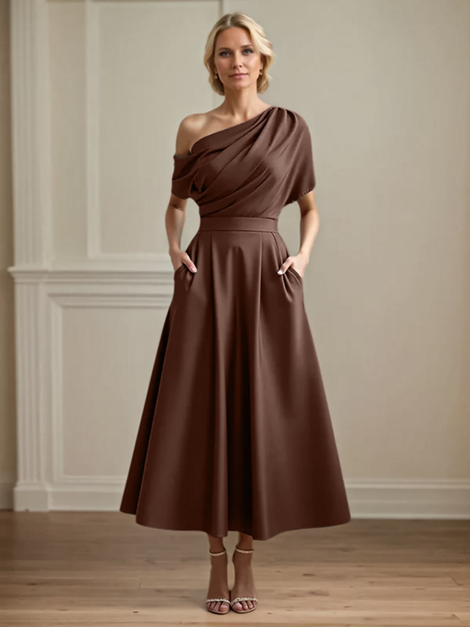 A Line Satin One Shoulder Pleated Ankle Length Mother of the Bride Dress