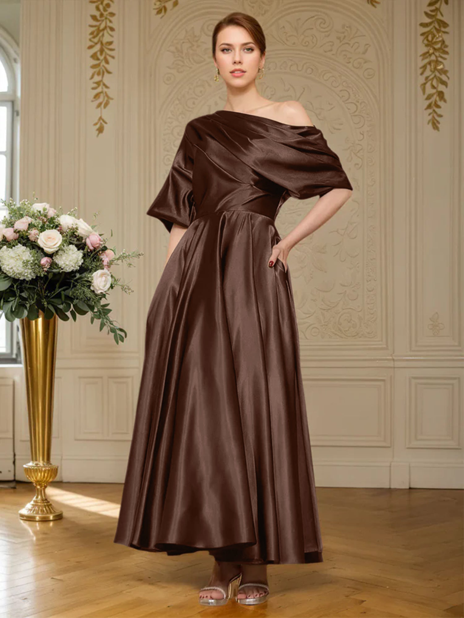 A-Linien Kurzarm plissiertes knöchellanges seidenähnliches Satin Kleid für die Brautmutter