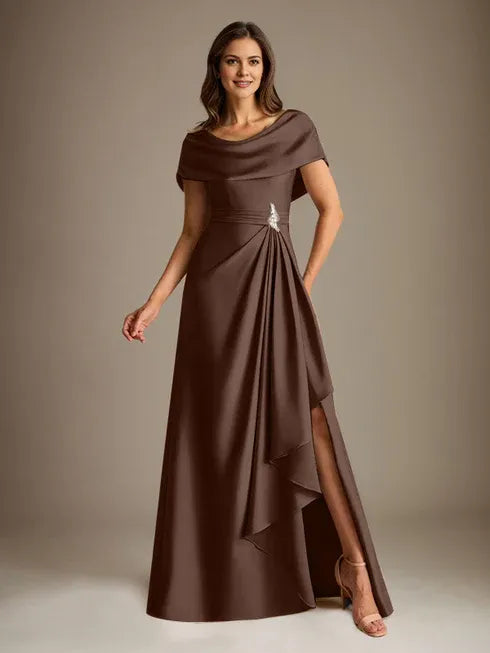 A-Linien-Kleid mit Rundhalsausschnitt, bodenlang, aus Stretch-Satin, Brautmutterkleid mit fallenden Rüschen