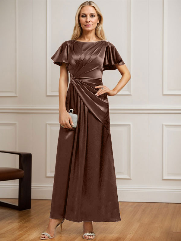 A-Linien Rundhals Knöchellanges Stretch Satin Mutter der Braut Kleid mit Plissierten Perlen