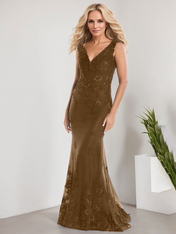 A-Linien V-Ausschnitt bodenlanges Spitzen-Chiffon Kleid für die Brautmutter mit Applikationen und Pailletten Meerjungfrauenkleid