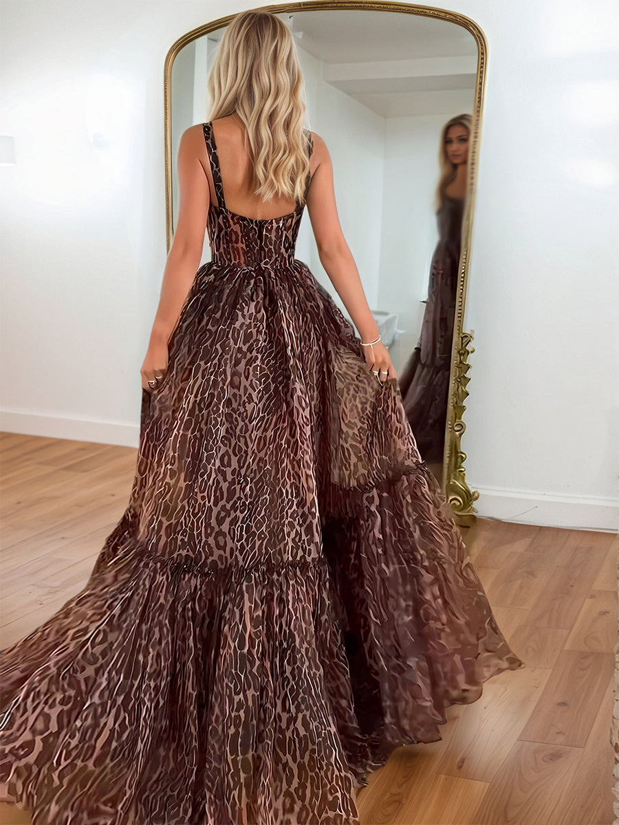 Brown Leopard Print Strappy Flowing Tiered Prom Dress