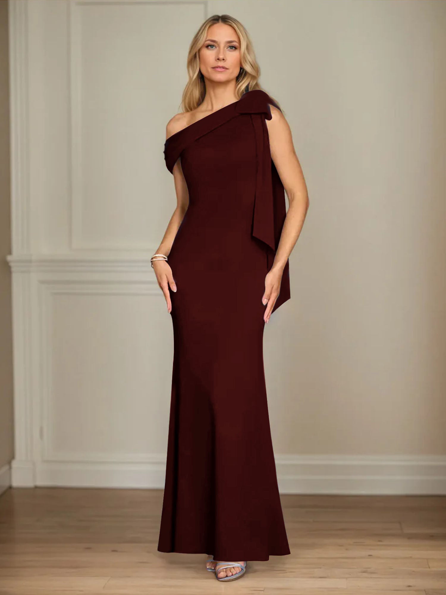 Trumpet/Mermaid Ein-Schulter Ärmelloses Stretch-Crêpe Kleid für die Brautmutter mit Schleife