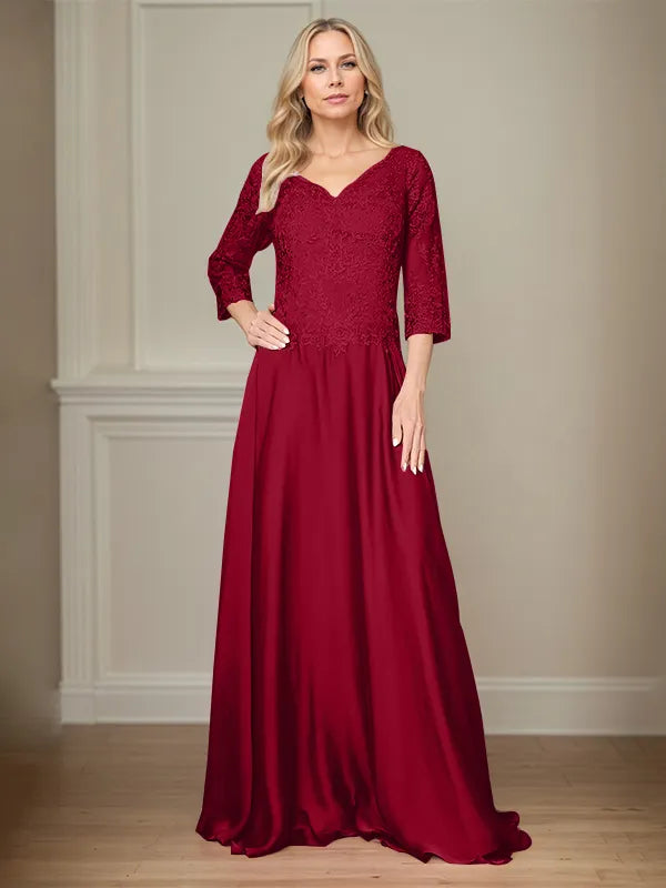 A Line Chiffon V Neck 3/4 Sleeves Floor-Length Mother Of The Bride Dress With Appliques