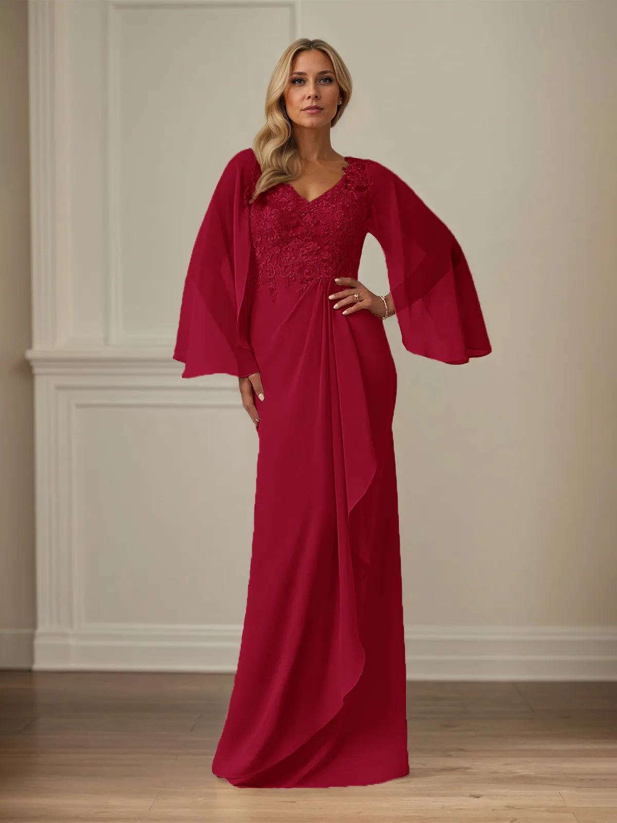 Etui/Kolumnen Chiffon V-Ausschnitt Langarm Bodenlanges Brautmutterkleid mit Applikationen