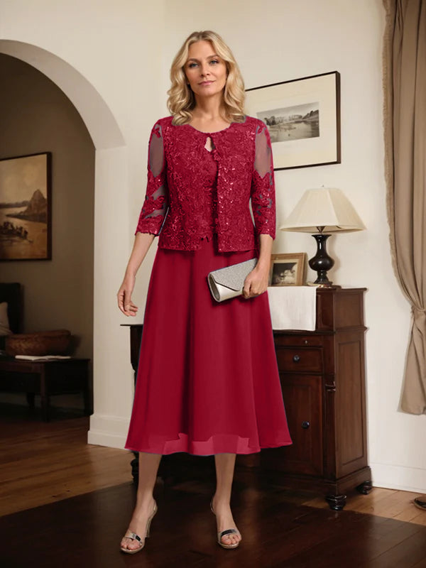A-Linien Spitzen-Chiffon-Brautmutterkleid mit V-Ausschnitt, tea-length, mit Pailletten