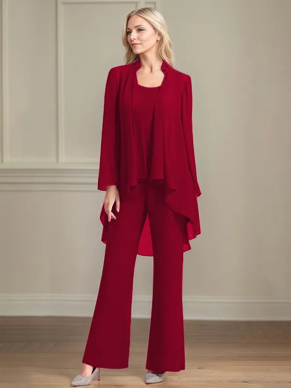 Chiffon Kleid mit Rundhalsausschnitt, langen Ärmeln, bodenlang, Hosenanzug für die Brautmutter