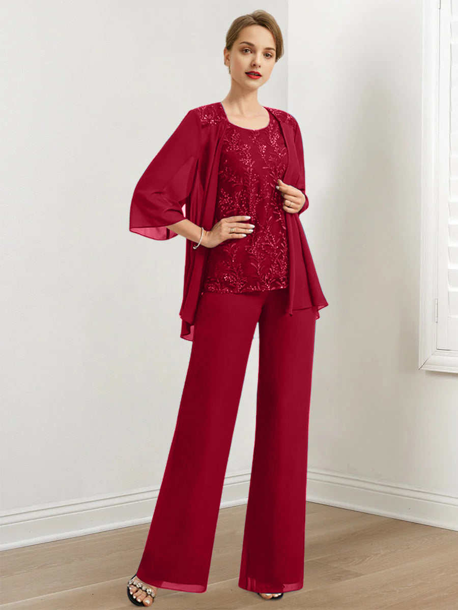 Chiffon Hosenanzüge für die Brautmutter mit Pailletten und Jacke