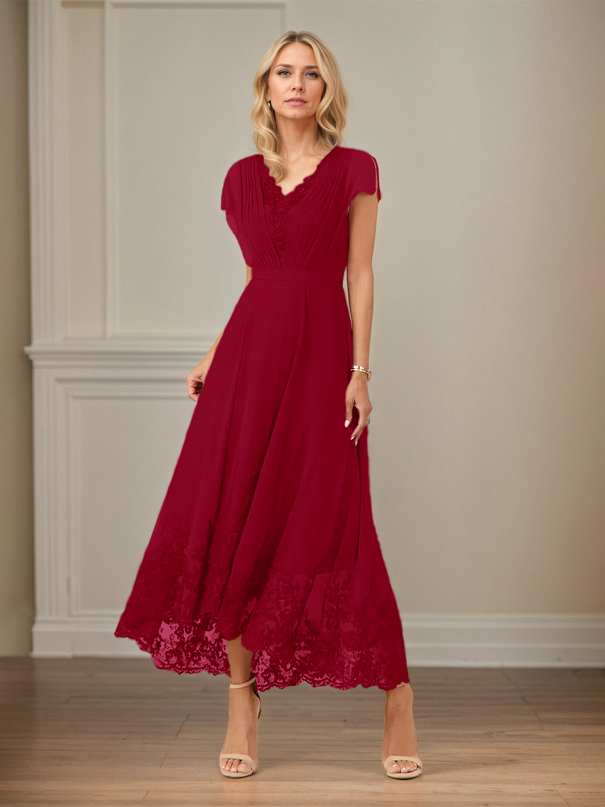 A-Linien Chiffon Kleid mit V-Ausschnitt, flatternden Ärmeln, knöchellang mit Applikationen
