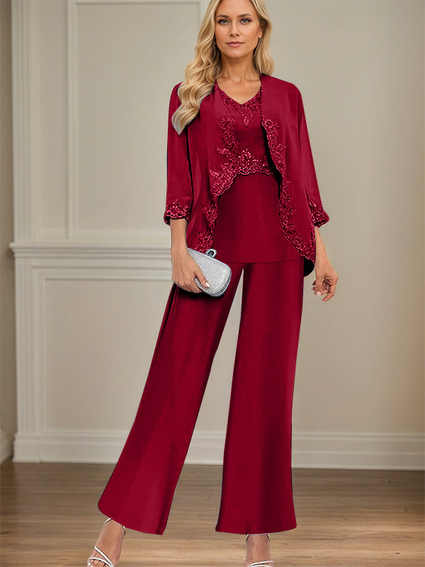 Eleganter Einfacher Rundhals Bodenlanger Mutter-der-Braut-Hosenanzug Hochzeitsgastkleid