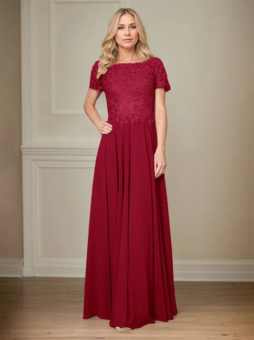 A Line Chiffon Boat Neck Short Sleeves Floor Length Pleated Mother of the Bride Dresses