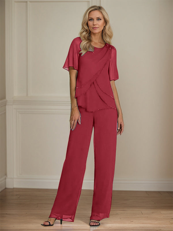 2 Piece Jumpsuit / Pantsuit Crew Neck Floor Length Chiffon Mother of the Bride Dress