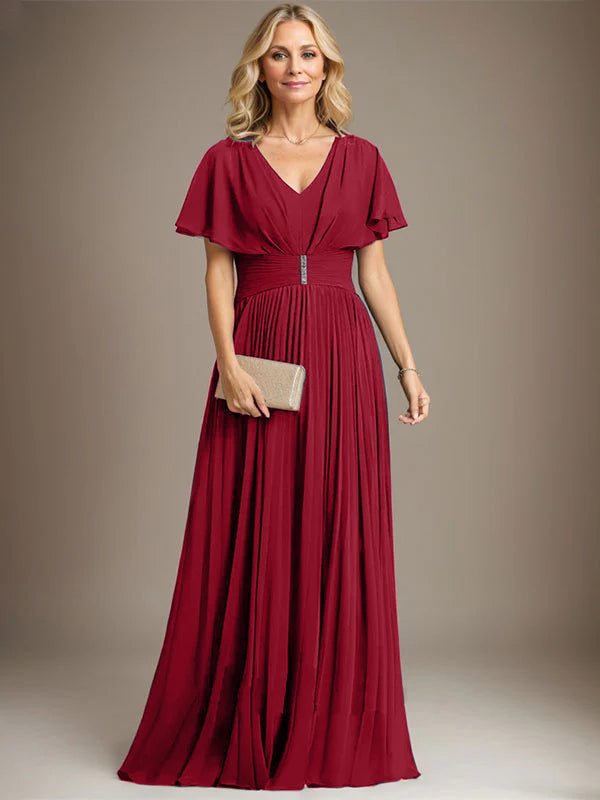 A-Linien V-Ausschnitt Bodenlanges Chiffon Brautmutterkleid mit Kristallbrosche und Plisseefalten