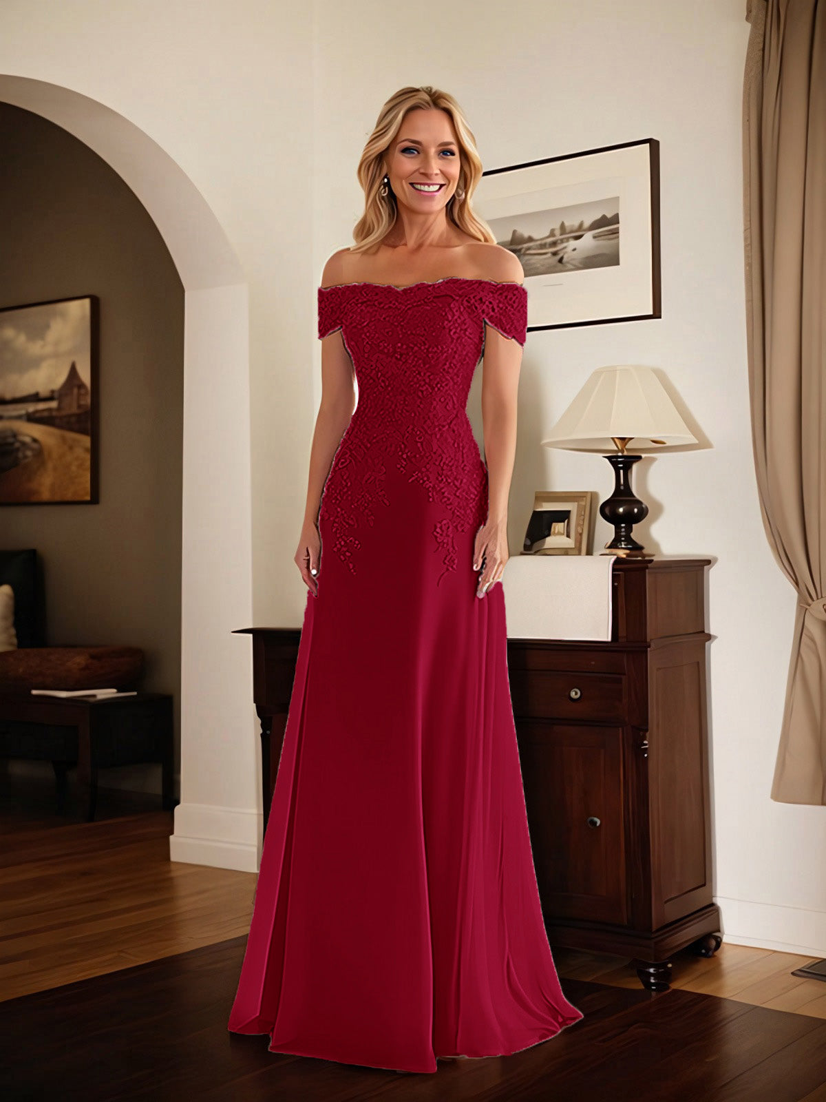 Elegantes taupefarbenes schulterfreies Etuikleid Mutter der Braut Kleid mit Spitze
