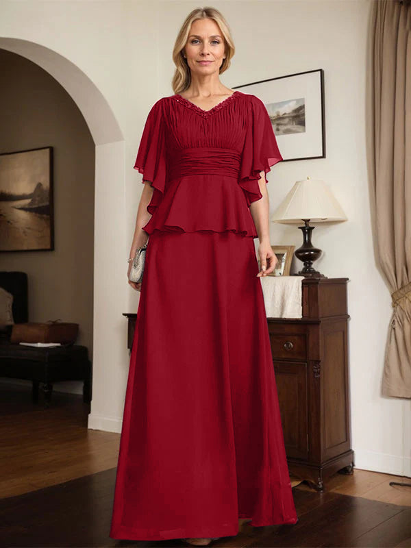 A-Linien Chiffon-Mutter-der-Braut-Kleid mit V-Ausschnitt, bodenlang, plissierte Perlenverzierung