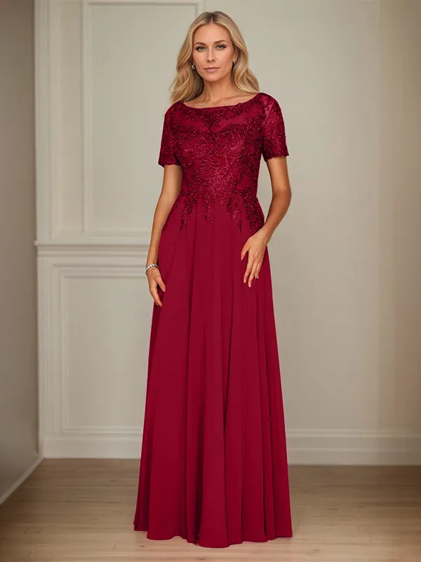 A Line Chiffon Boat Neck Short Sleeves Floor Length Mother of the Bride Dresses