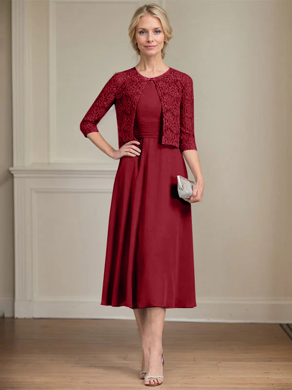 A-Linien Rundhals Tee-Länge Chiffon Kleid für die Mutter der Braut mit Falten
