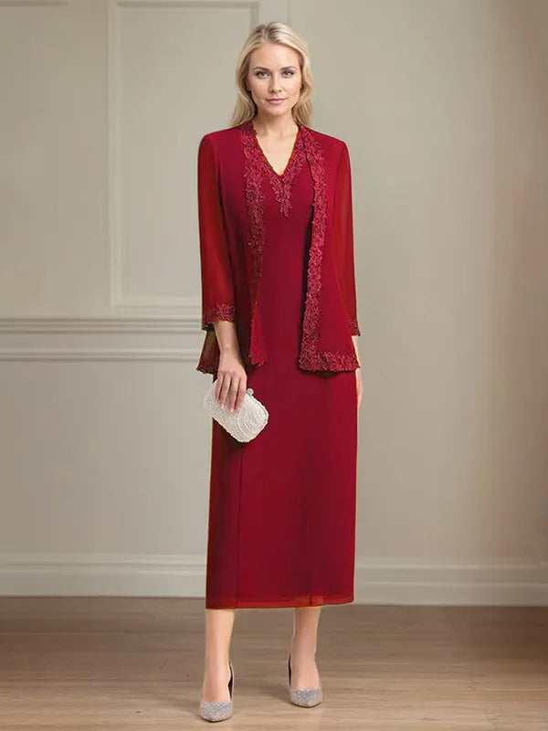 Etui/Column Chiffon V-Ausschnitt 3/4 Ärmel Tea-Length Kleid für die Mutter der Braut