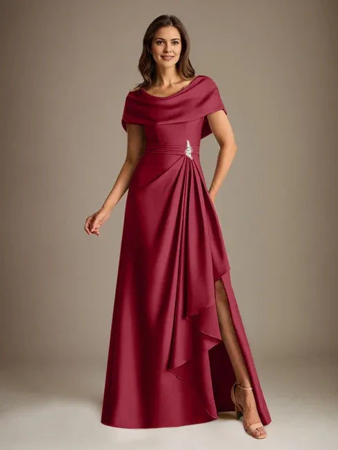 A-Linien-Kleid mit Rundhalsausschnitt, bodenlang, aus Stretch-Satin, Brautmutterkleid mit fallenden Rüschen