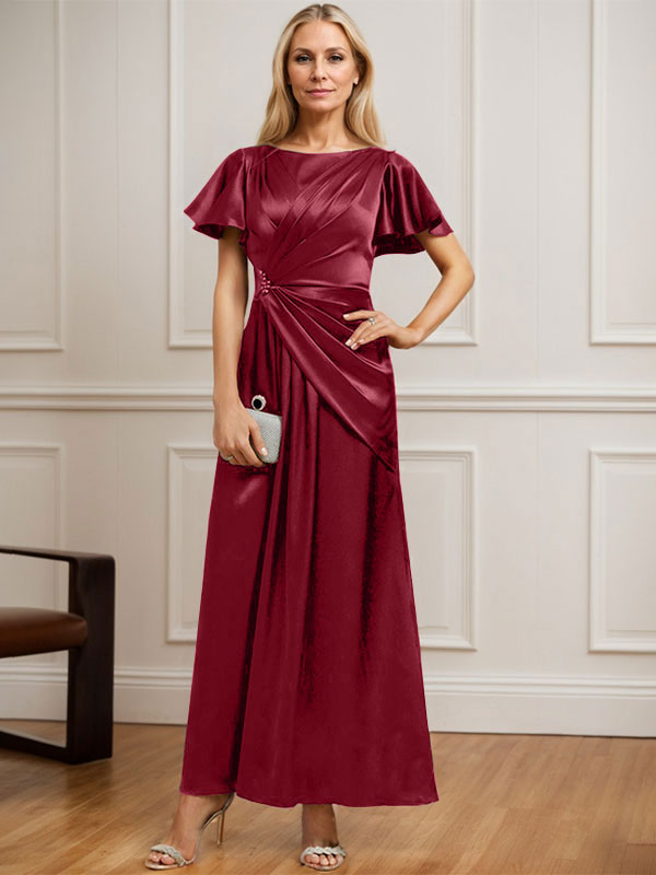 A-Linien Rundhals Knöchellanges Stretch Satin Mutter der Braut Kleid mit Plissierten Perlen