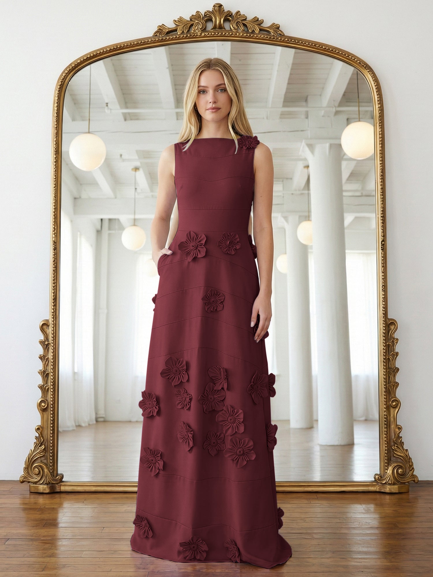 Lavendelfarbenes formelles Kleid mit U-Boot-Ausschnitt und herabfließenden 3D-Blumen