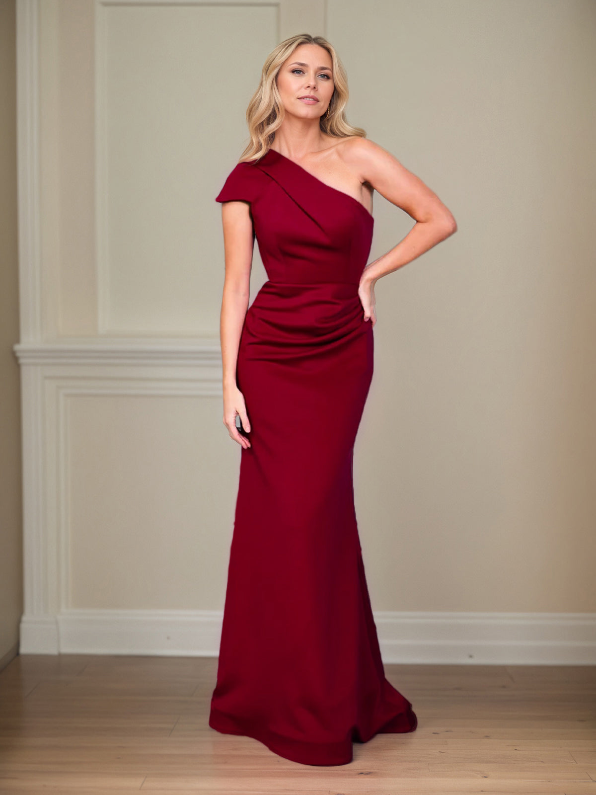 Robes mère de la mariée en satin fourreau/colonne, épaule unique, manches courtes, longueur au sol