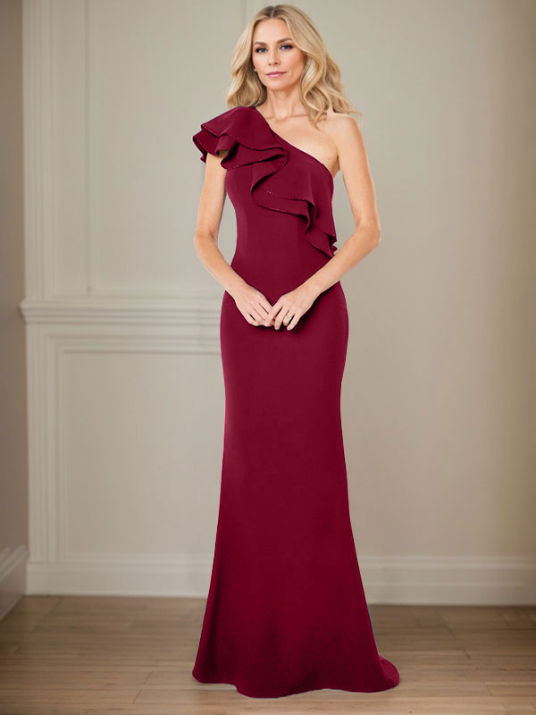 Abito da madre della sposa a linea A in chiffon con una spalla, lunghezza fino a terra e volant