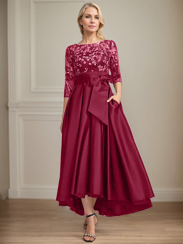 A-line Scoop Illusion Asymmetrical Satin Lace Mother of the Bride Dress With Bow
