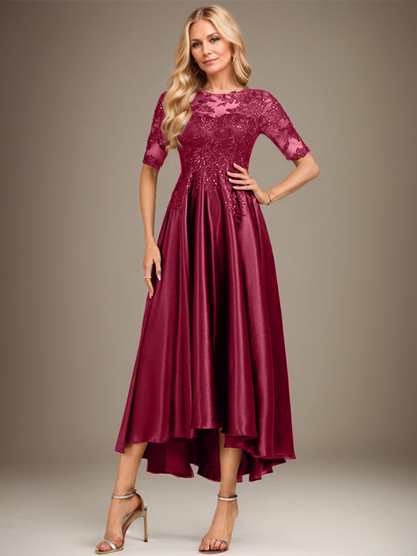 A-Linie Rundhalsausschnitt Illusion Asymmetrisches Stretch-Satin-Spitzen-Brautmutterkleid mit Pailletten