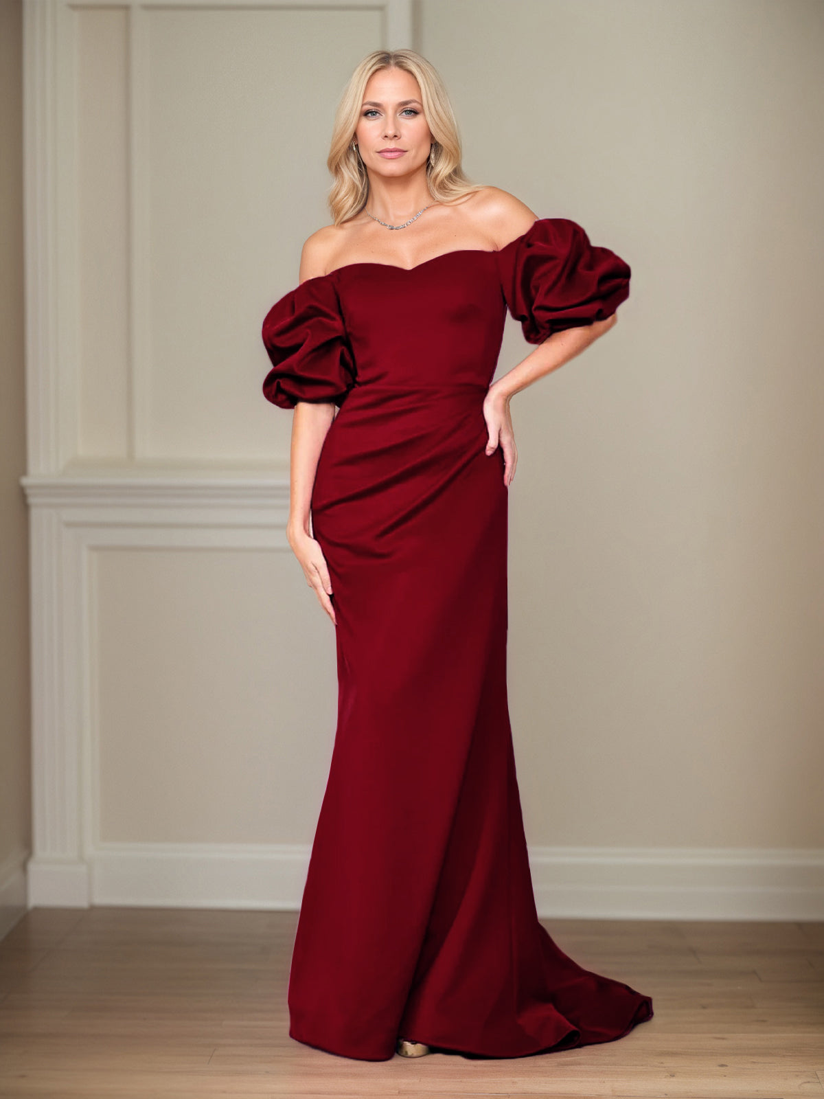 Satin Etuikleid/Säulenkleid mit schulterfreiem Puffärmel, bodenlang, Mutter der Braut Kleid