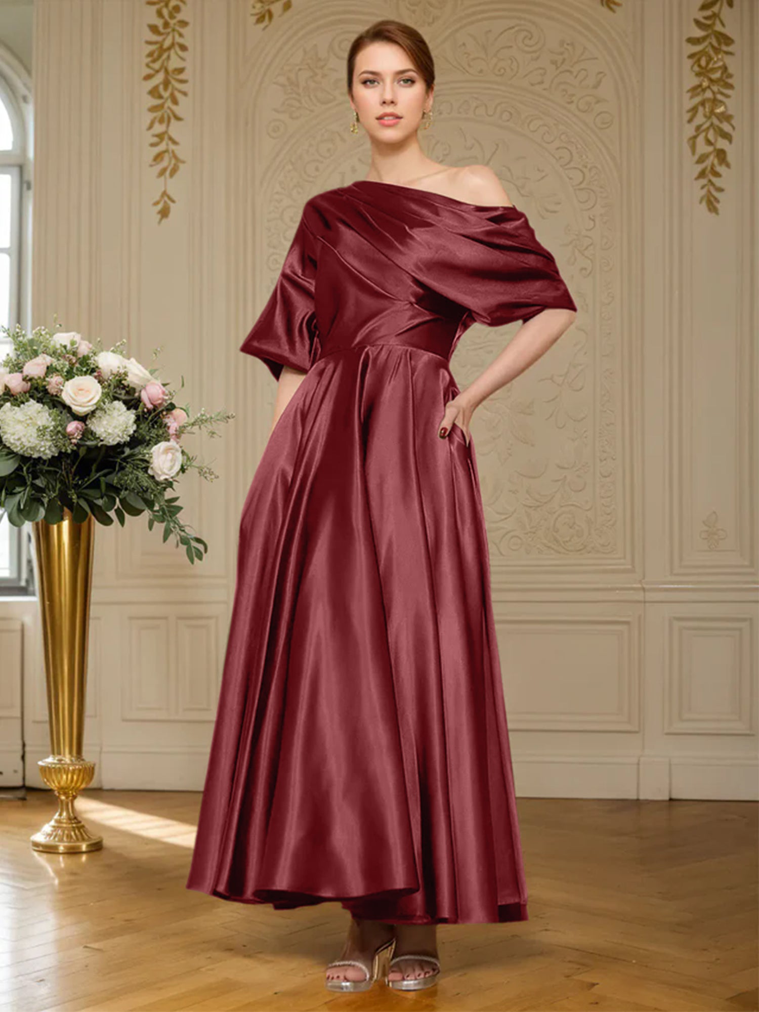 A-Linien Kurzarm plissiertes knöchellanges seidenähnliches Satin Kleid für die Brautmutter