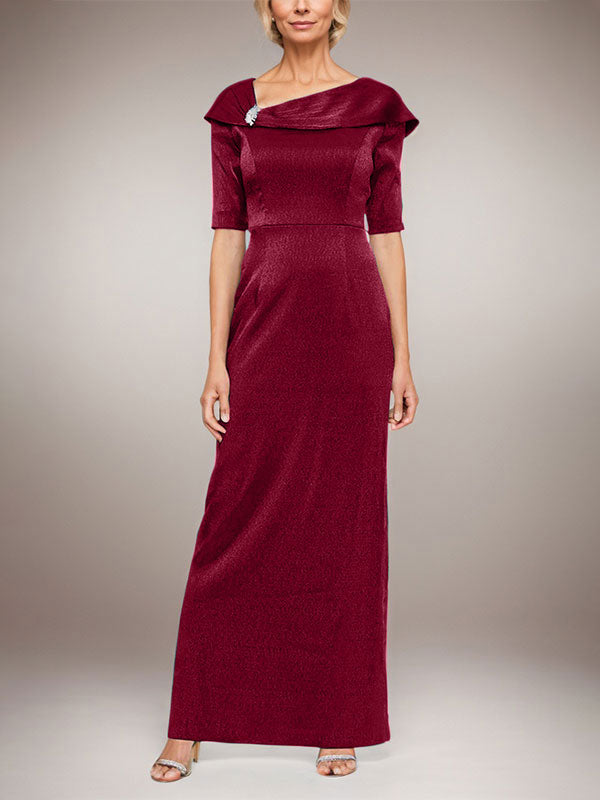 Langes schimmerndes Säulenkleid mit umgeschlagenem Ärmelbündchen, L-Ausschnitt und Ellbogenärmeln