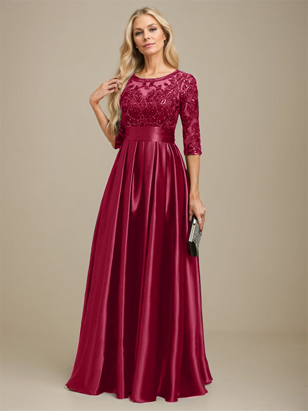 A-Linien Ausschnitt Illusions bodenlanges Stretch-Satin-Spitzenkleid für die Brautmutter mit Schleife und Pailletten
