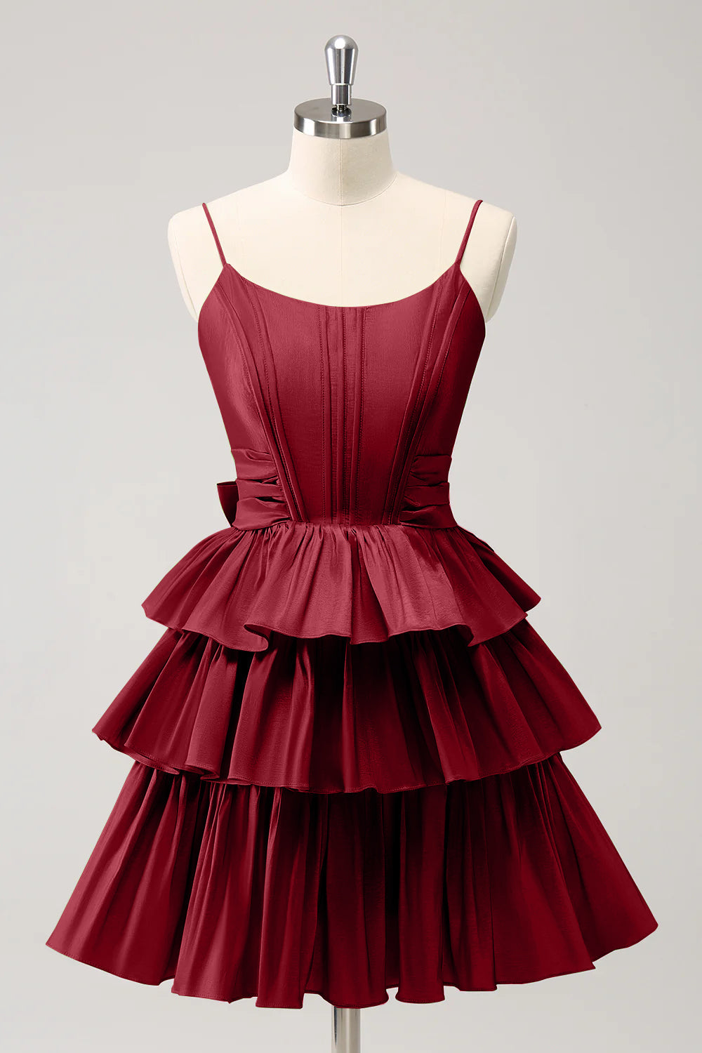 A-Linien Corsagen-Kleid mit Spaghettiträgern, gestuften Rüschen und Schleife für den Abschlussball