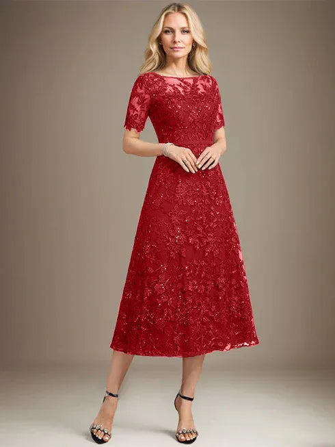 A-Linien Rundhals Illusions-Tea-Length Spitzenkleid der Brautmutter mit Pailletten