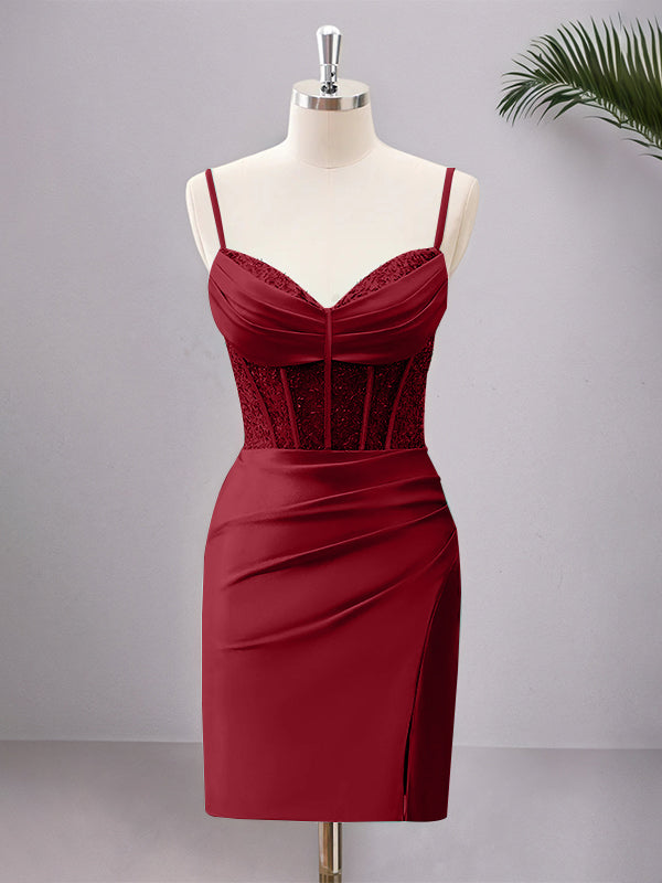 Robe de bal moulante corset en satin à bretelles spaghetti avec fente