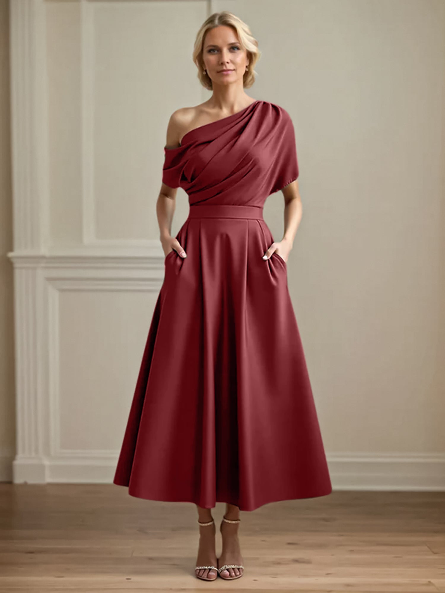 A Line Satin One Shoulder Pleated Ankle Length Mother of the Bride Dress